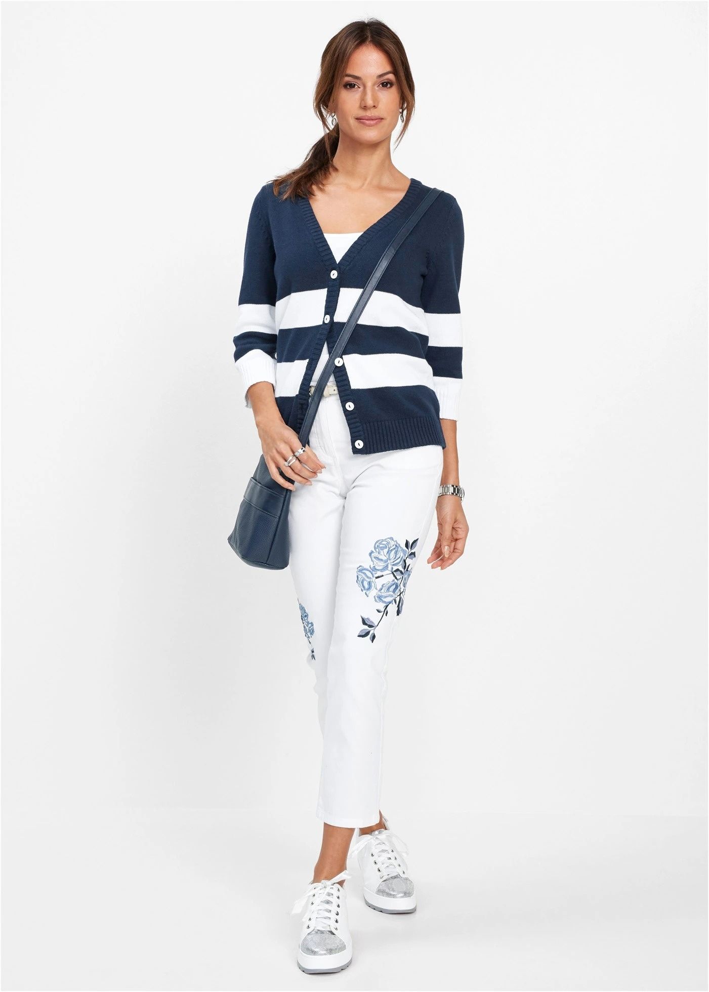 B.P.C sweter rozpinany w paski biało-granatowy ^48/50