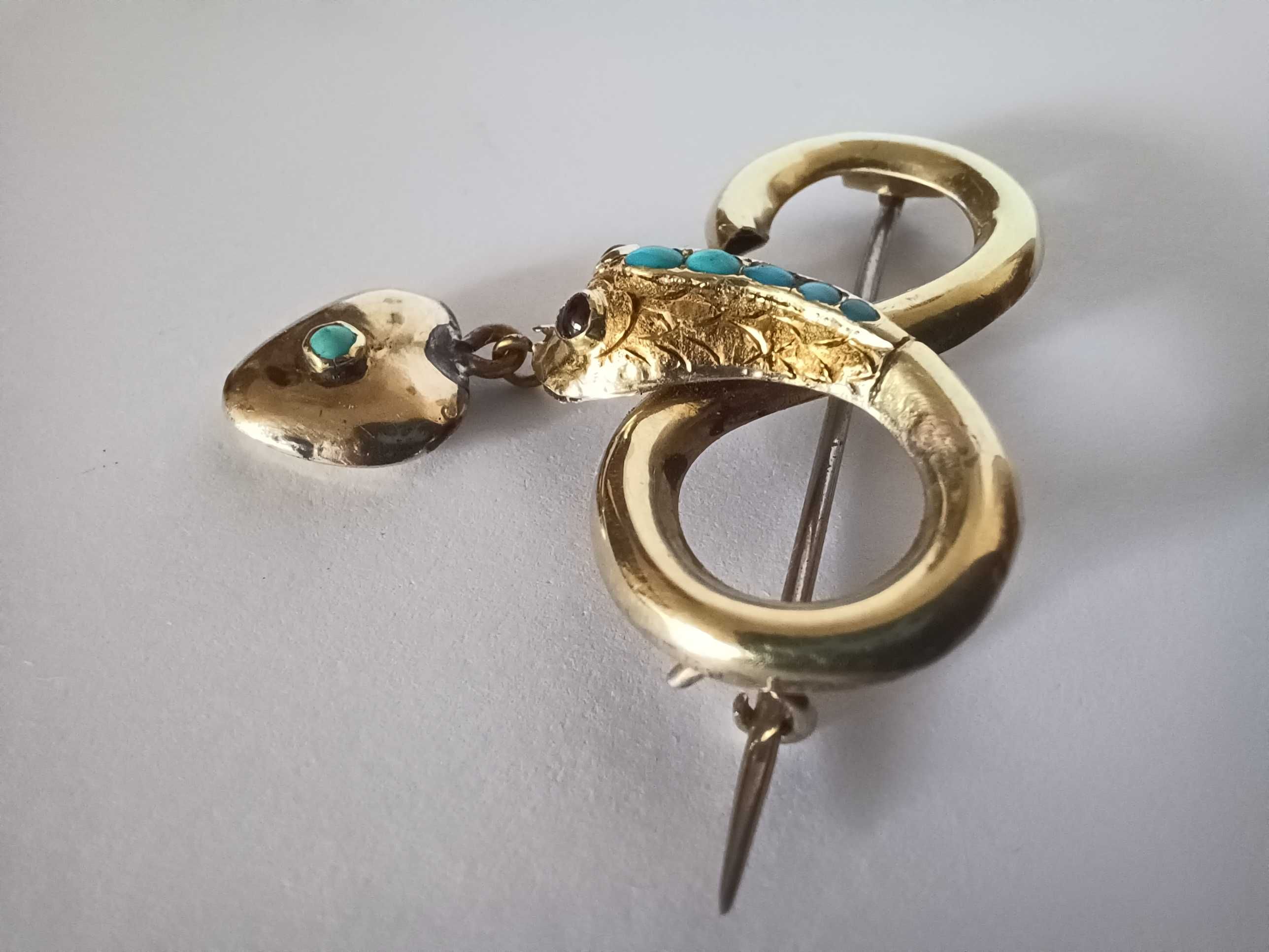 Золота вікторіанська брошка, змія, бірюза, 9 ct, символ вічності.
