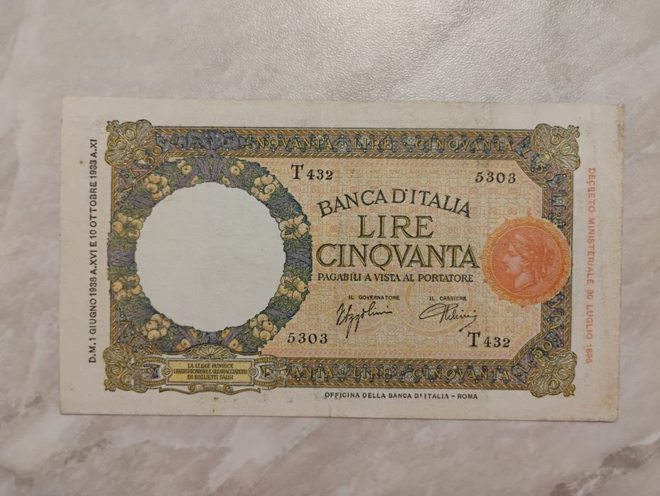 Banknot Włochy - 50 lirów z 1938 r.