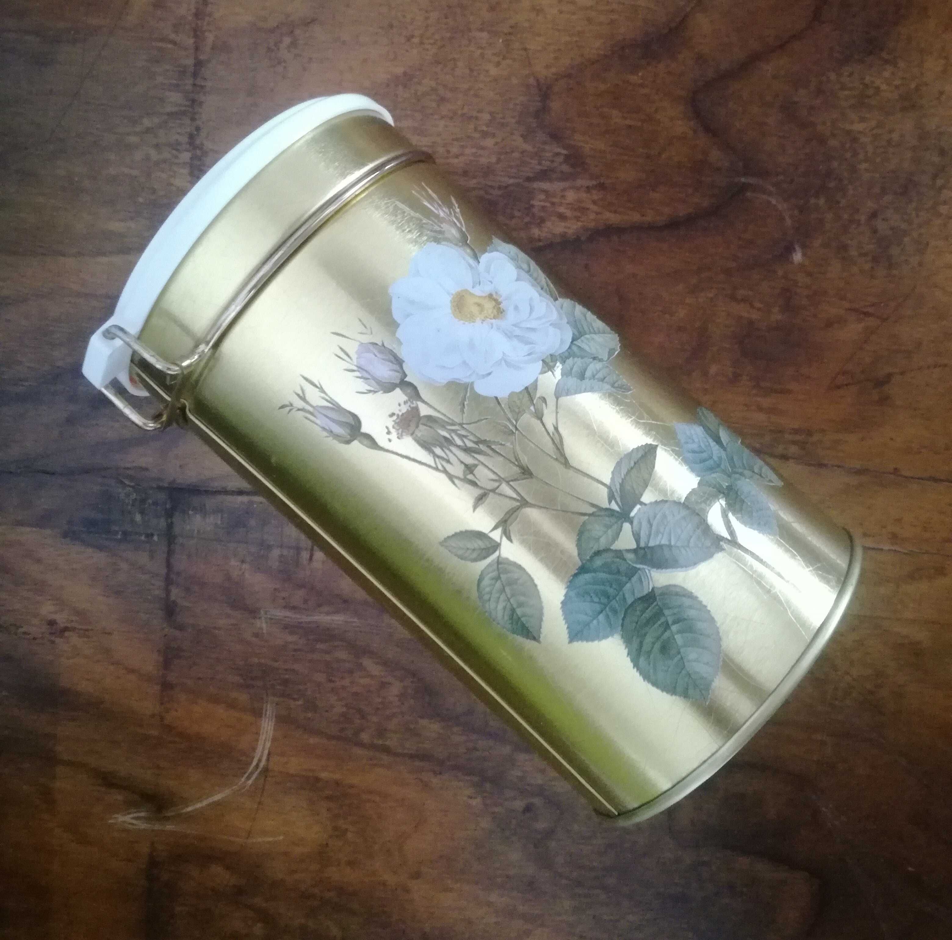 Złota Puszka kuchenna stara unikatowa pojemnik w kwiaty vintage