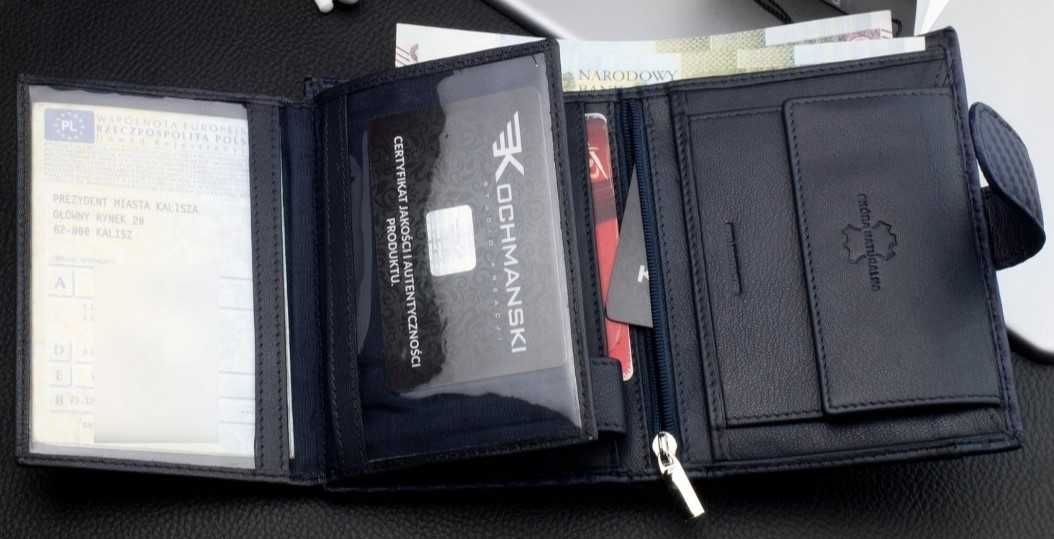 Kochmanski; męski skórzany granatowy duży portfel; RFID; premium!