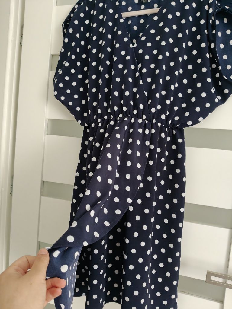 Granatowa sukienka w białe kropki/grochy, odcinana pod biustem h&m 40