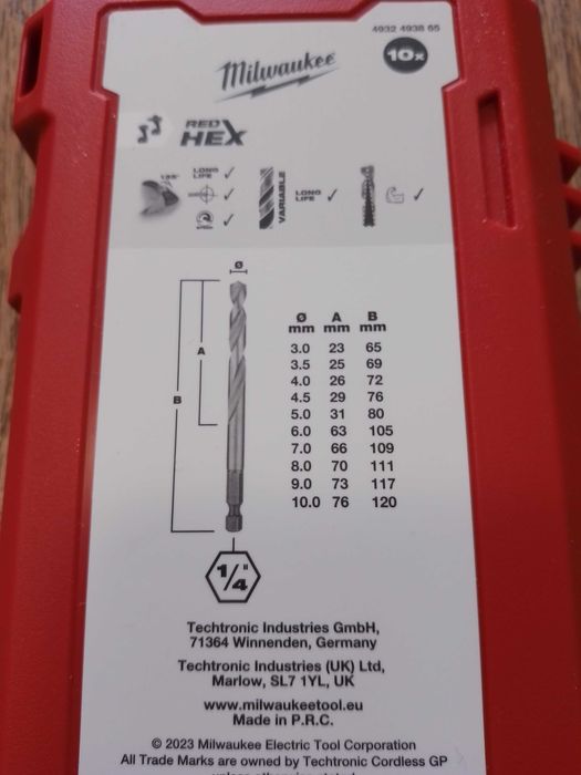 Набір свердл по металу PACKOUT RedHEX HSS-G TiN MILWAUKEE, (10шт)
