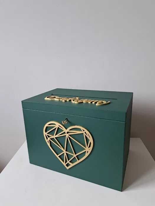 Pudełko na koperty butelkowa zieleń złote napisy wesele