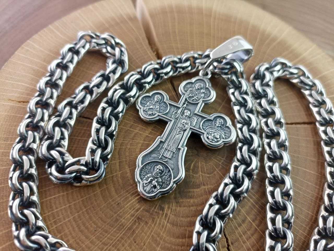 Срібний ланцюжок (ланцюг) Бісмарк великий чоловічий та срібний хрест