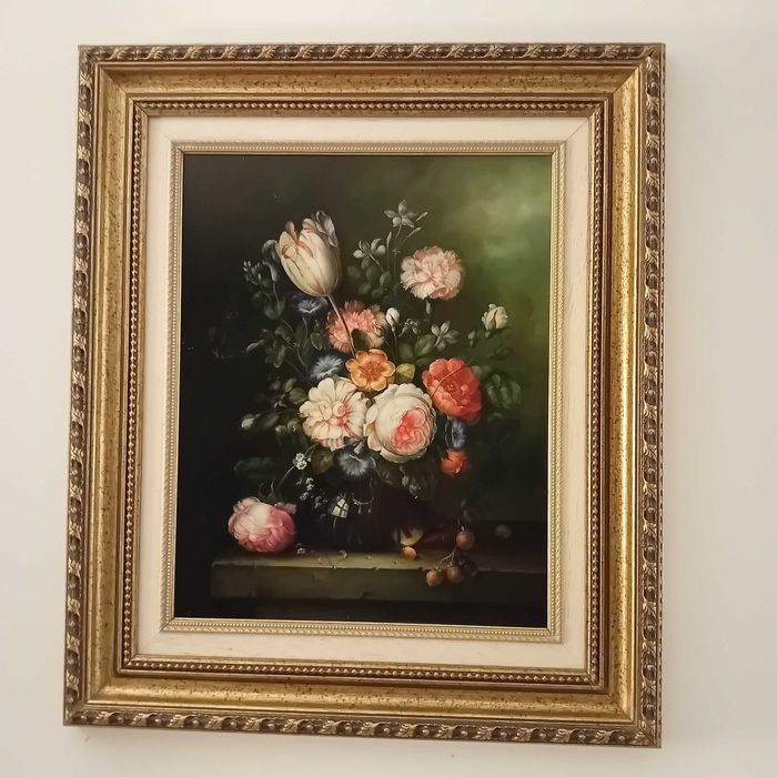 Quadro com pintura a óleo com natureza-morta de flores em esmalte