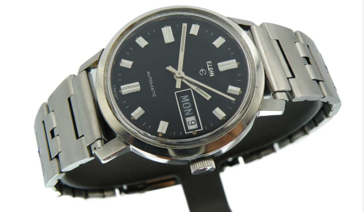 Elgin Automatic Vintage z Czarną Tarczą w Stalowej Kopercie