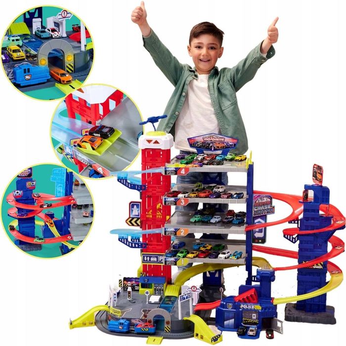 DUŻY GARAŻ SUPER CENTRUM POŚCIGU + 4 auta i pociąg Majorette parking