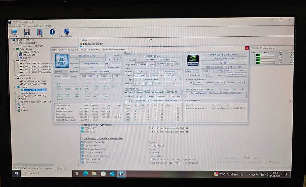 A113] Laptop Lenovo ThinkPad W520 i7-2820QM 16GB3 256GB SSD