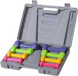 Conjunto de 8 halteres, 4 pares de 0,5 kg, 1 kg, 1,5 kg, 2 kg e caixa