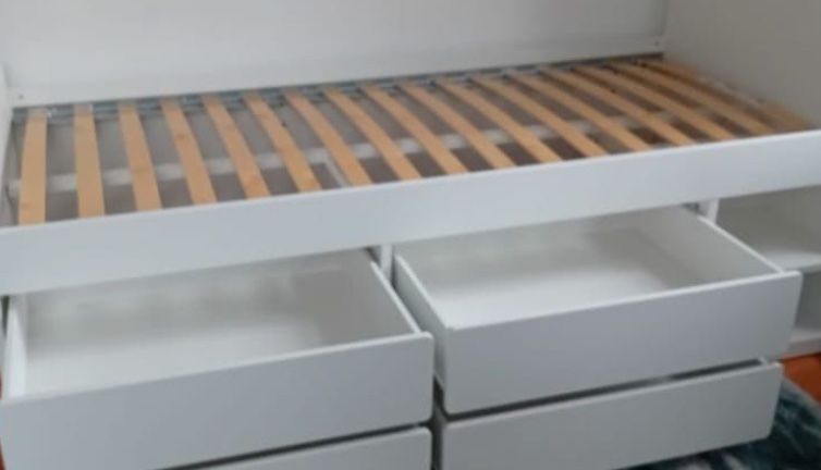 SLÄKT Estrutura cama com arrumação + estrado ripas, branco, 90x200 cm