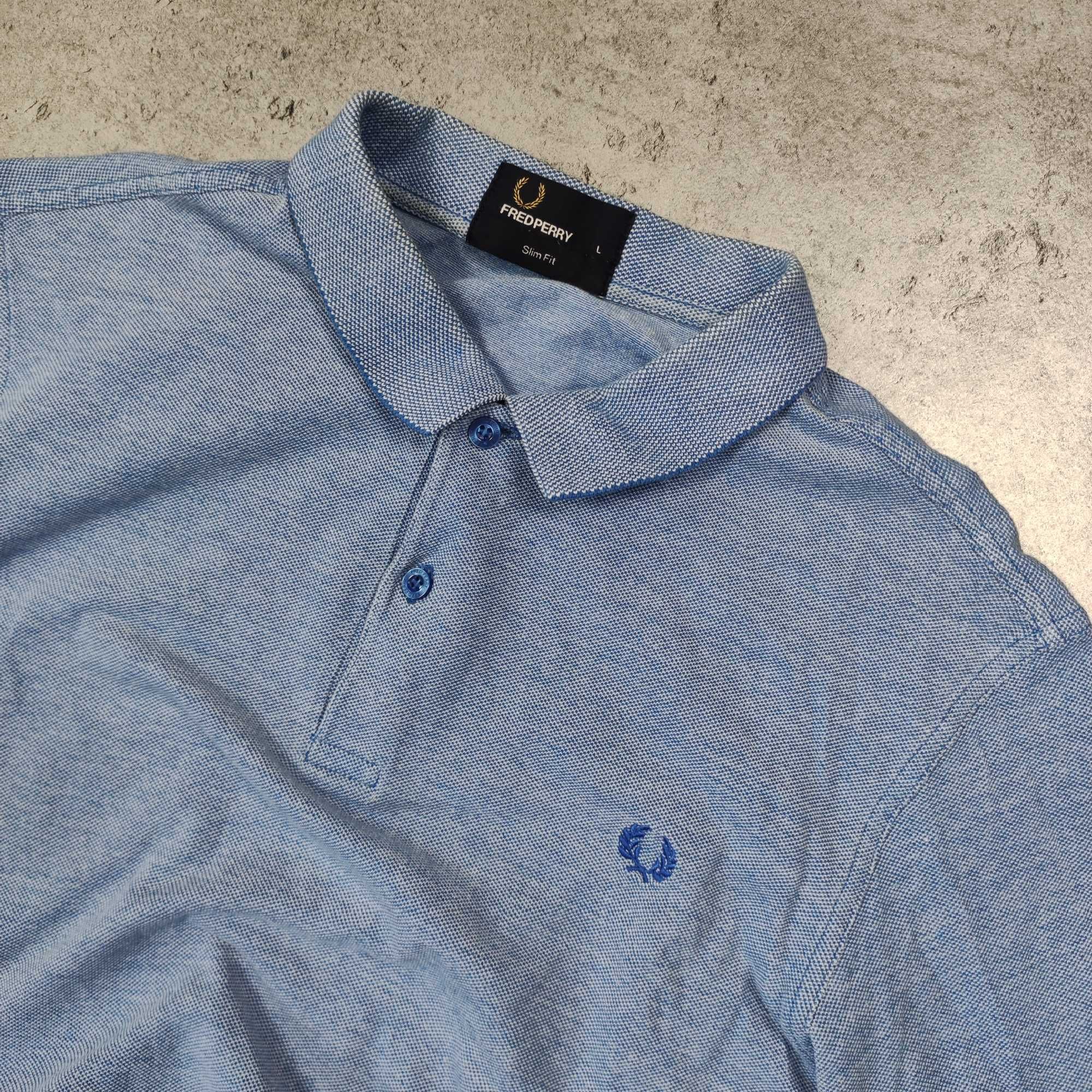 MĘSKA Koszulka POLO Elegancka Niebieska Haft Fred Perry Bawełna Slim