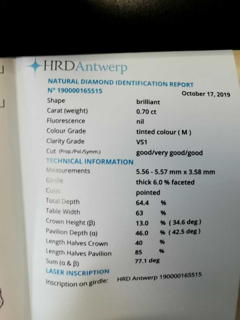 BRYLANT 0.70ct M VS1 5.57mm certyfikat HRD diament