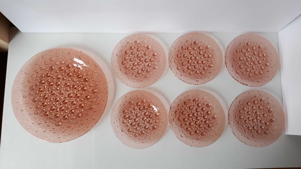 Zestaw: talerz + 6x talerzyk ASTEROID, Ząbkowice, kolorowe szkło PRL