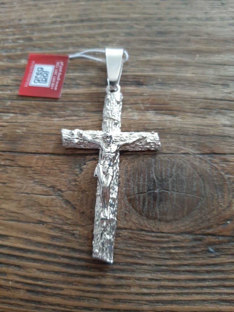 Duży srebrny krzyż wzór brzoza figurka srebro 925