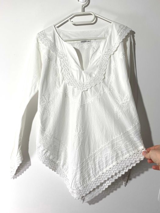 biała bluzka koszula na długi rękaw XS koronka boho hippie folk bawełn