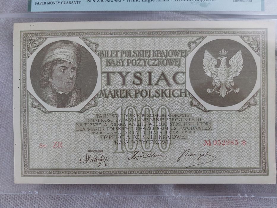 1000 Marek Polskich 1919 UNC PMG 62 Ser. ZR. Stan 1 okazja mała litera