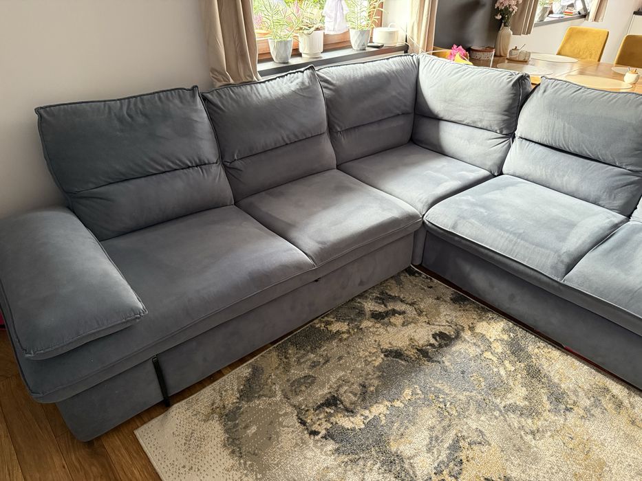 Narożnik granatowy wygodny Agata Schowek funkcja spania