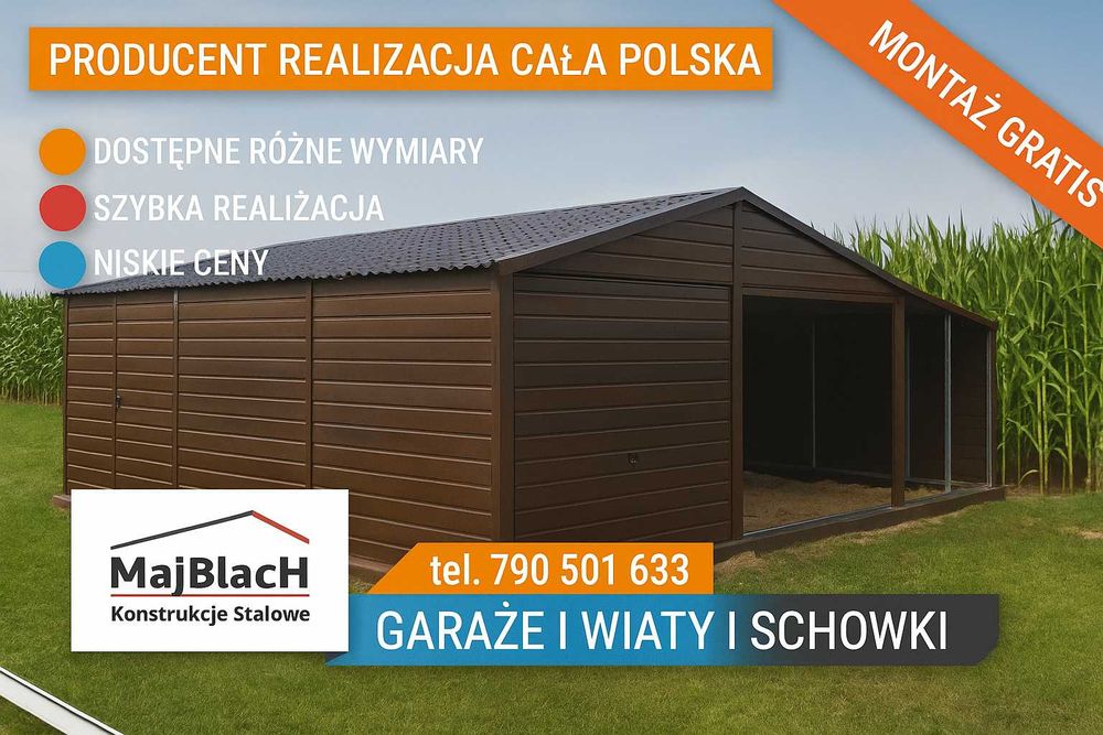Ładny Drewnopodobny Garaż Blaszany z zadaszeniem bocznym  - Maj-Blach