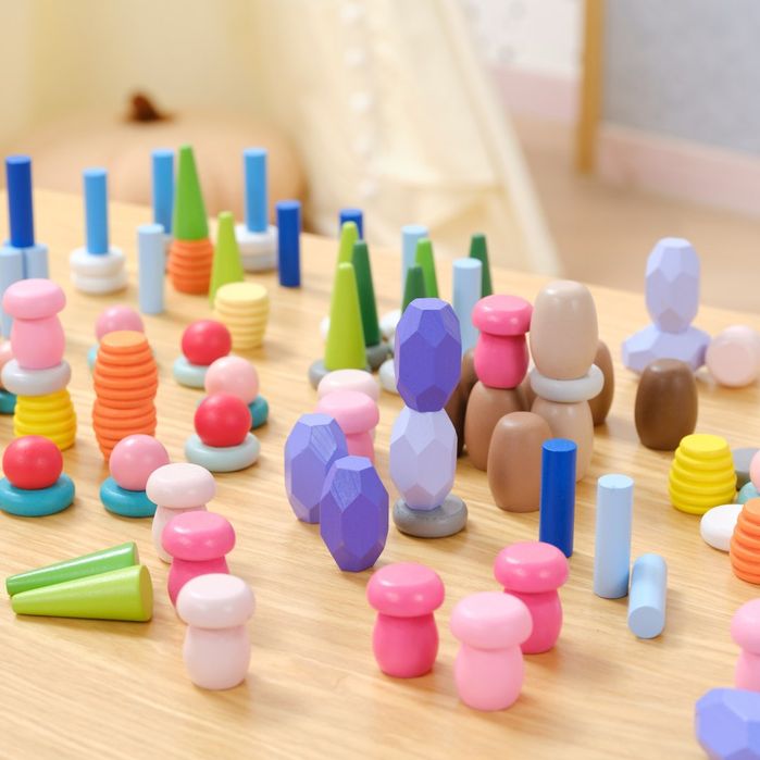 VIGA Klocki Drewniane Edukacyjne Układanka Montesori 58el