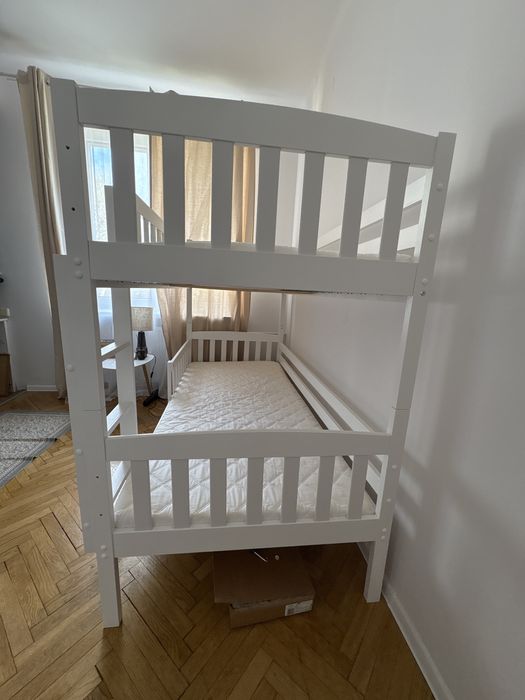 Łóżko młodzieżowe piętrowe KUBUŚ 90X200 z materacem i szufladą, białe