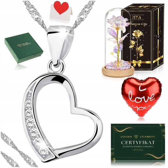 Srebrny Naszyjnik Damski Serce Celebrytka Pr 925 + Róża Wieczna Led W