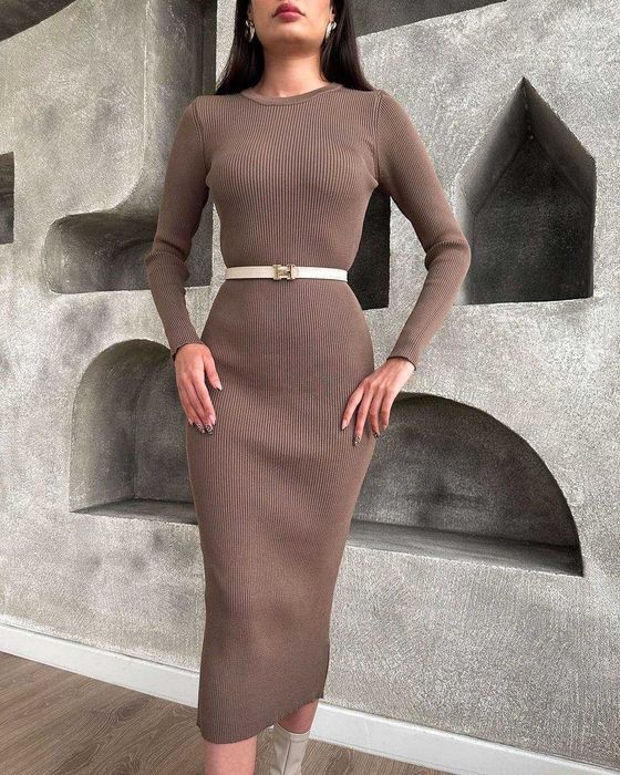 Жіноча тепла облягаюча сукня міді в рубчик З НАЧОСОМ тепле плаття