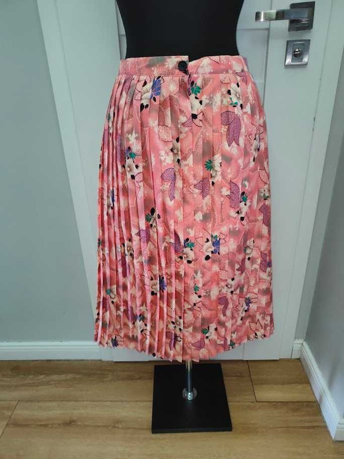 różowa plisowana spódnica midi wiosna lato kwiaty L/xL