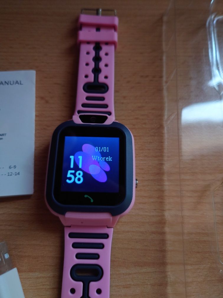 Smartwatch dla dzieci SIM GPS Polski różowy Aparat Gry Zegar 3-12 lat