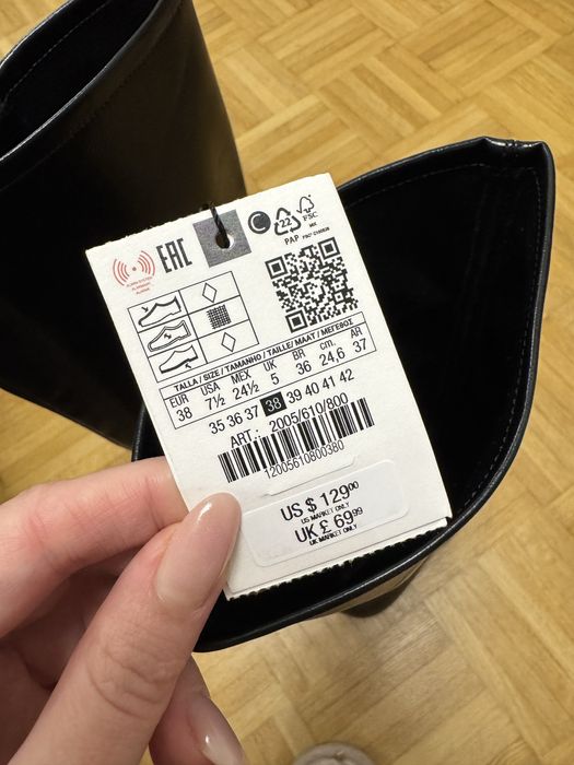 ZARA | Шкіряні чорні чоботи на підборах (9,5 см) Ботфорти