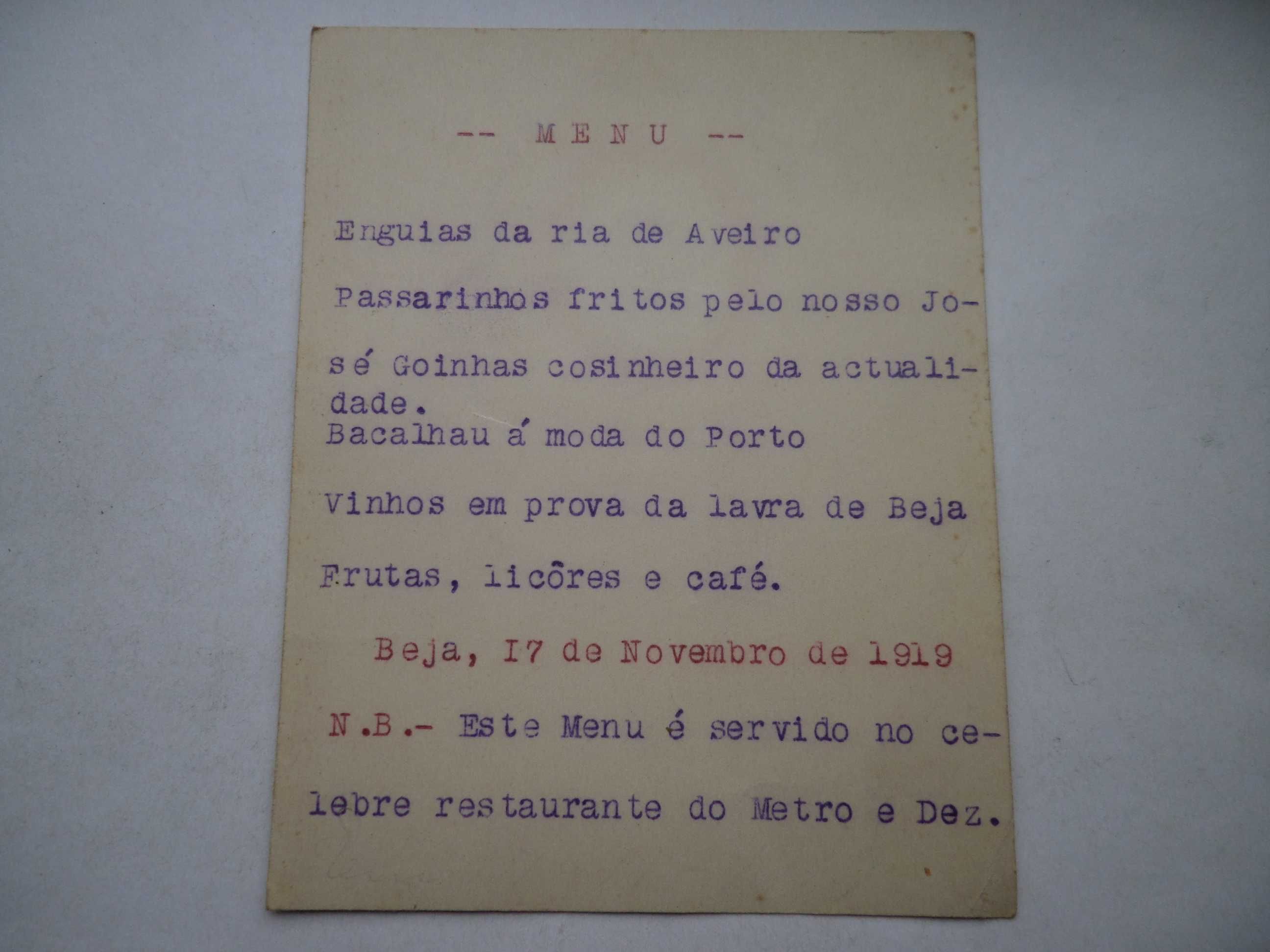 Interessante Menu com mais de Um Século, ano 1917