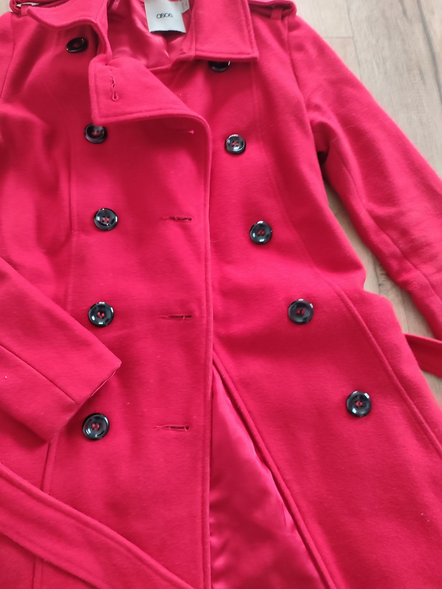 ASOS wełniany płaszcz zimowy jesienny czerwony 36 S taliowany przewiqz