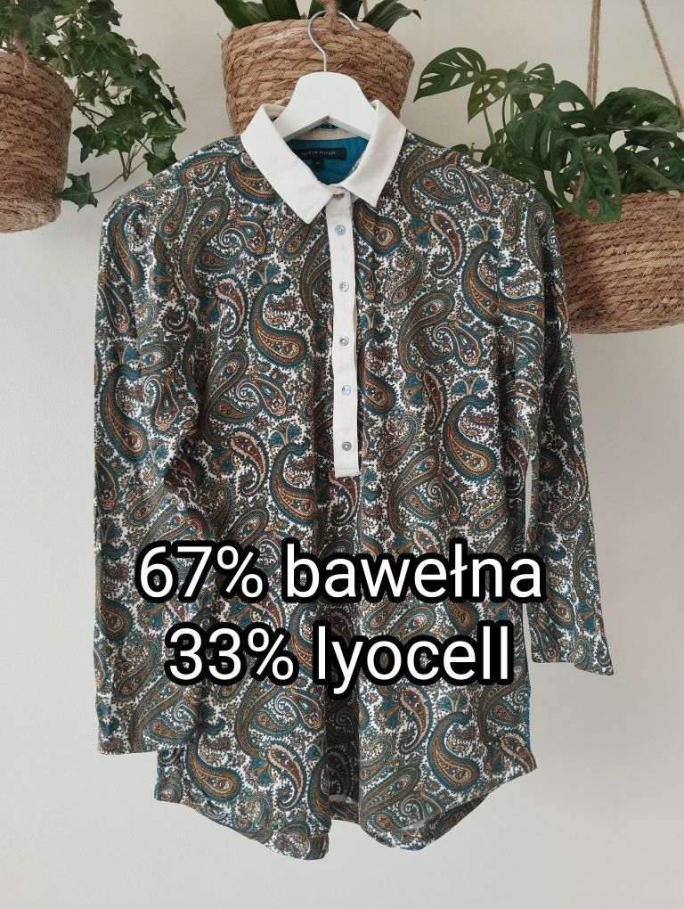 Bluzka z kołnierzykiem w orientalny print, listwa guzikowa kratę r. 38