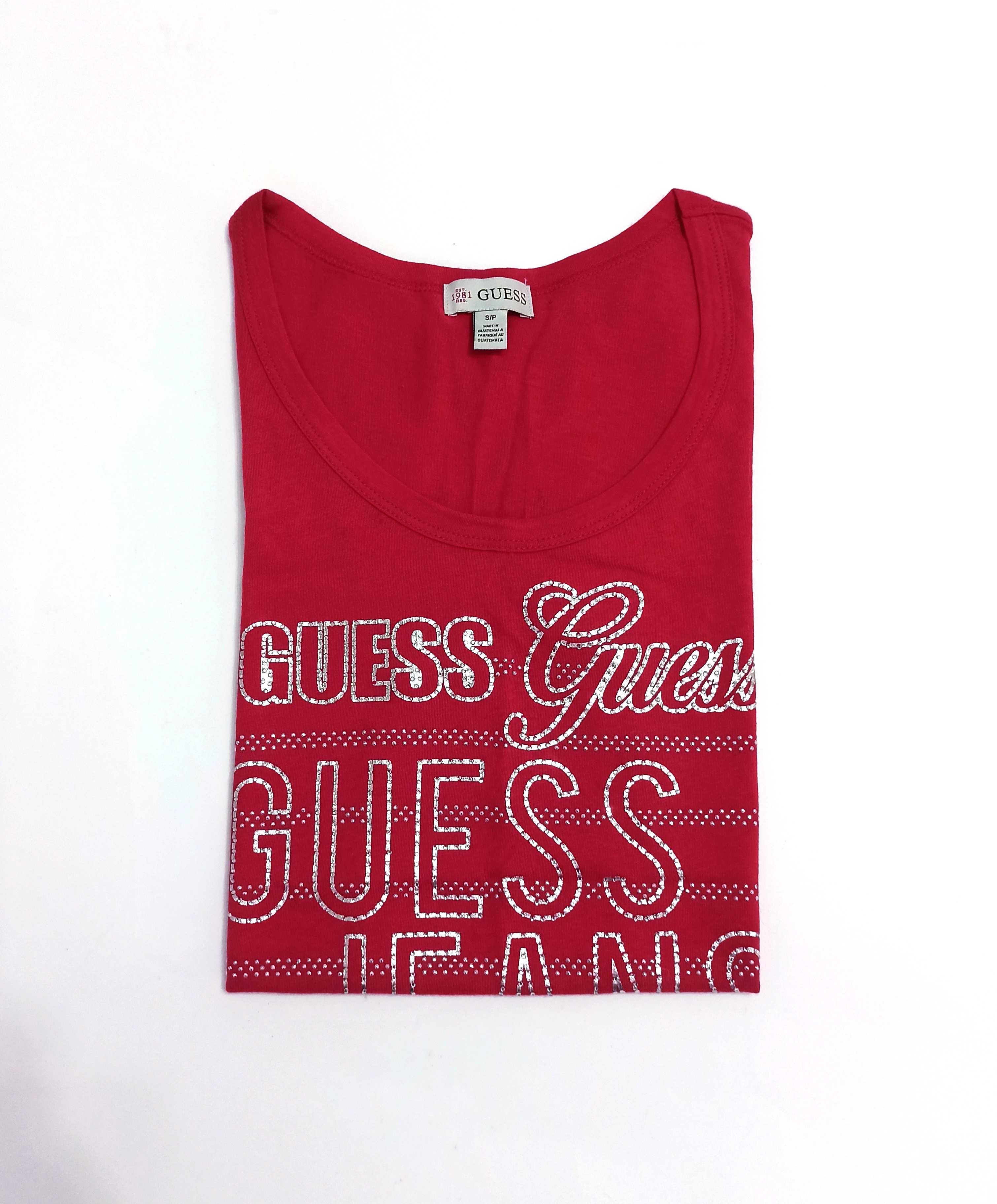 GUESS Oryginalna! Koszulka T-Shirt Bluzka Czerwona Srebrna Diamenciki