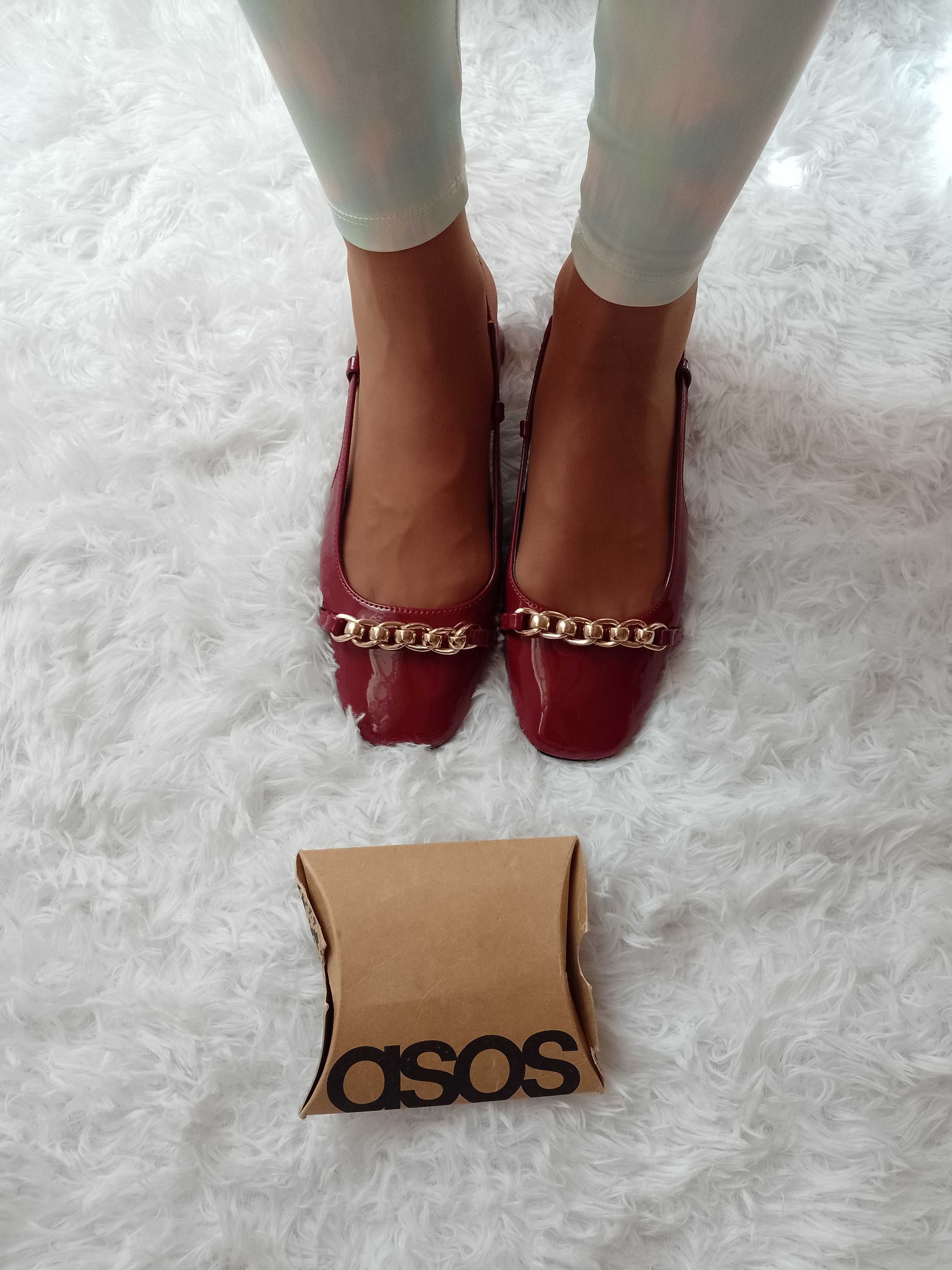 (39) ASOS/ Bordowe baleriny czółenka z odkrytą piętą z Londynu, NOWE