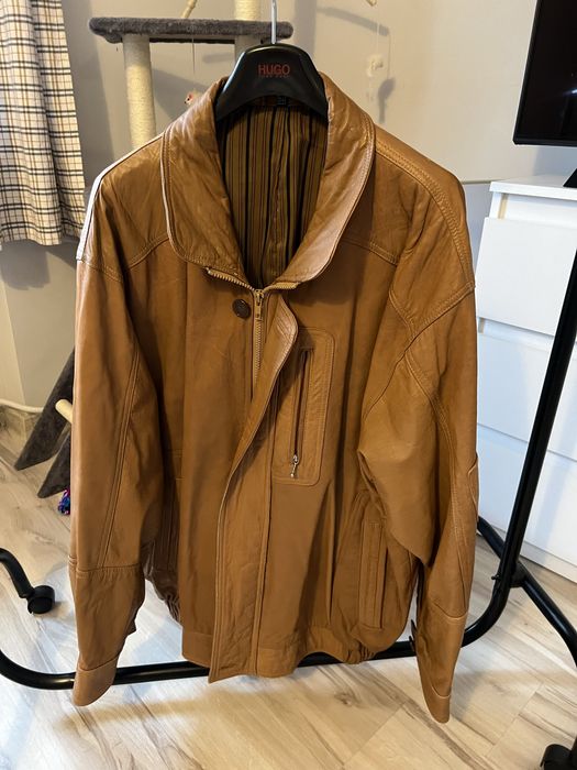 Męska brązowa klasyczna kurtka skórzana musztardowa XL vintage retro