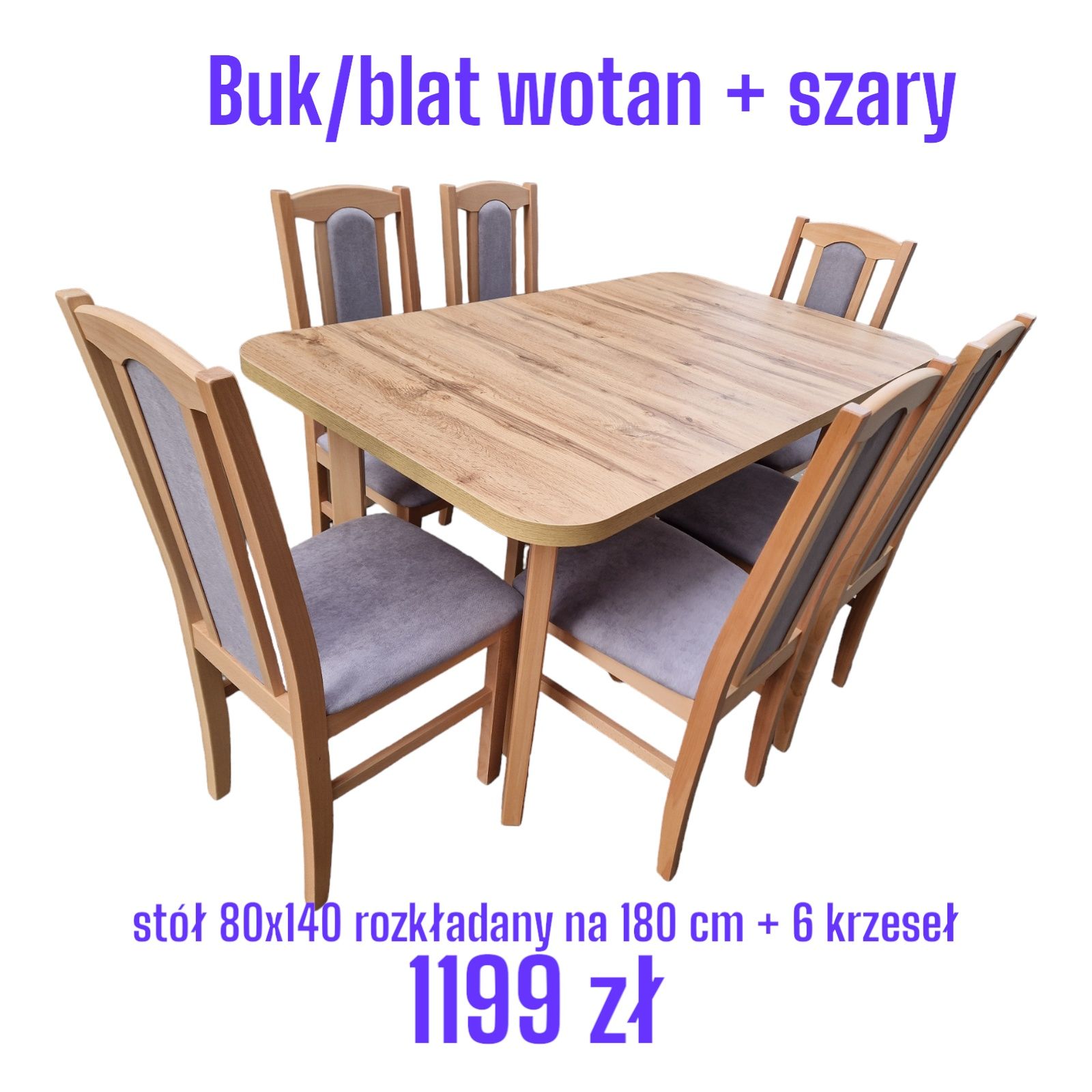 Od ręki: Stół rozkładany + 6 krzeseł, buk/wotan + szary, transport PL