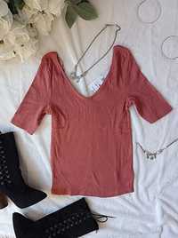 Nowa bluzka damska koralowa ceglasta t-shirt damski prążkowany top 36