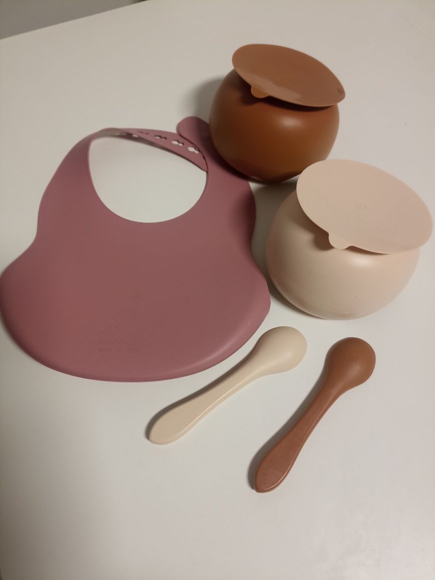 Tigela, colher e babete silicone