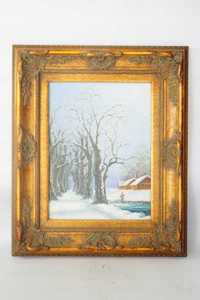 Ładny obraz w złotej ramie barok 59/49 cm zima 4