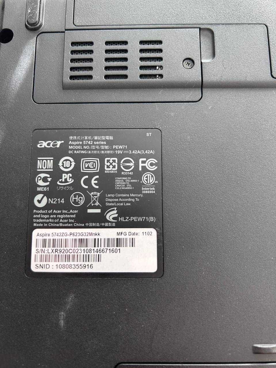 Ноутбук Acer 5742ZG Intel P6200 2,13 ГГц, 3Гб ОЗУ, 64 Гб SSD, HD 6300M