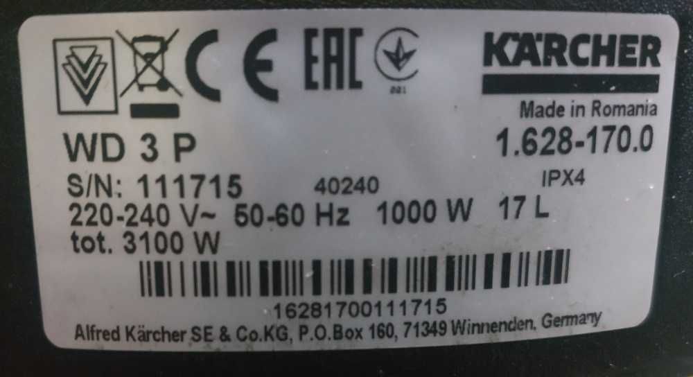 odkurzacz warsztatowy karcher WD 3P z elektrogniazdem + filtr