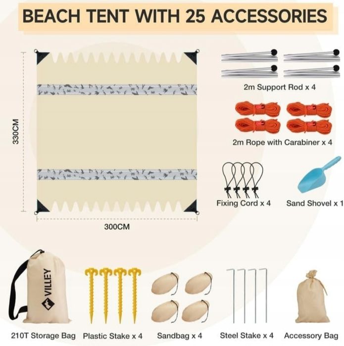 VILLEY Namiot plażowy 3 x 3,3 m khaki z filtrem UV pawilon na piknik