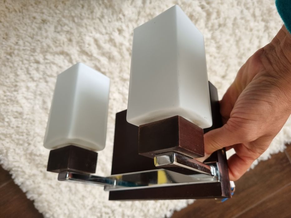 lampa kinkiet - szkło,drewo, nikiel