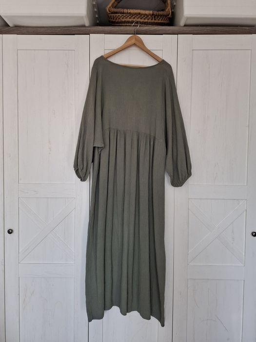 Długa muślinowa sukienka maxi leśna khaki oliwkowa luźna oversize