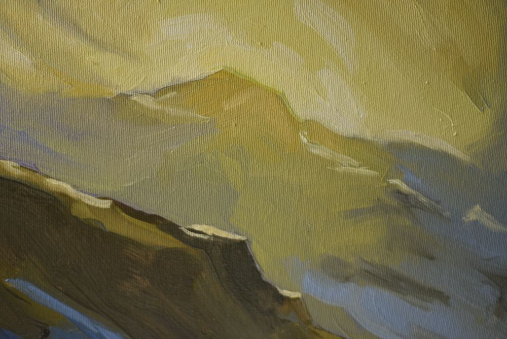 Obraz olejny na płótnie 30x30 cm pejzaż "Wschód słońca we mgle"