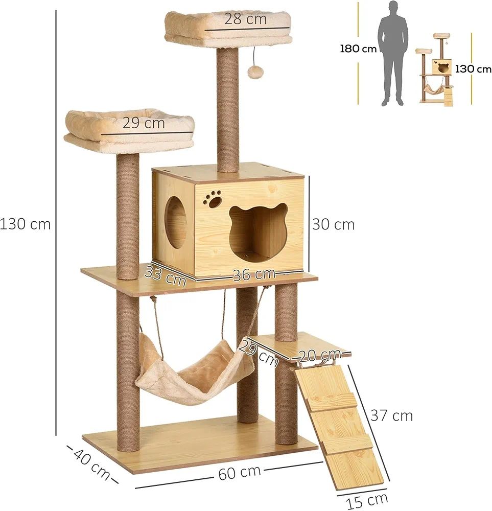 Drapak dla kota PawHut drewniany 130 cm nowy 5 słupków lina jutowa