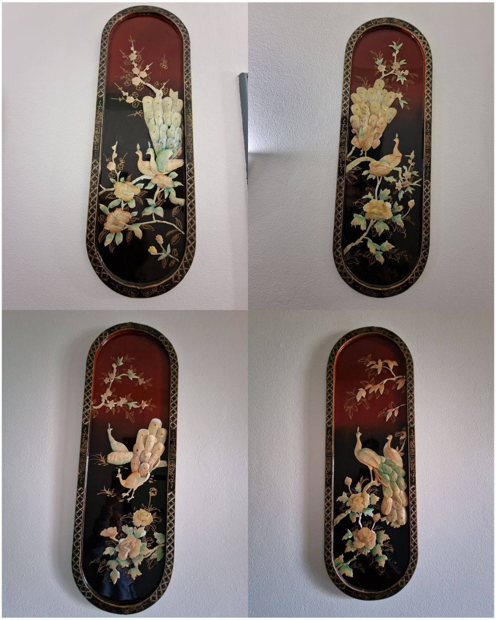 Quadros orientais em laca com madrepérola – conjunto 4 peças