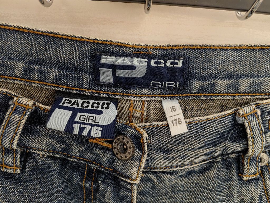 Granatowe szare jeansy łaty szeroka nogawka Streetwear Pacco 176