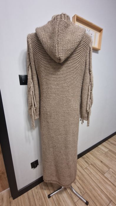 Fobya Chunky Knit kardigan maxi długi sweter ciepły wełna alpaka frędz